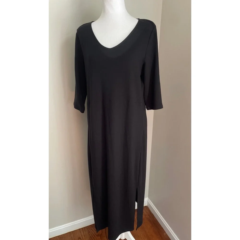 Pure Jill Luxe Tencel M Petite Dress Black VNeck Midi Minimalist 1/2 Sleeve Soft